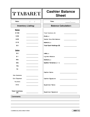 Simple balance sheet - cashier balance sheet