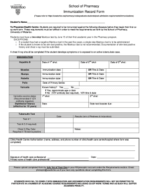 School of Pharmacy Immunization Record Form