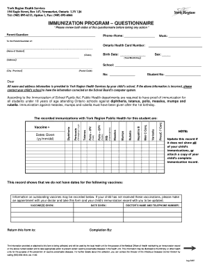 Ontario Immunization Program Questionnaire