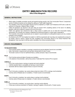 Entry Immunization Record Form