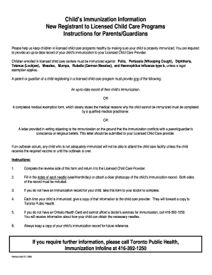 Child Immunization Record for Child Care Programs