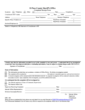 El Paso County Sheriff Complaint Receipt Form