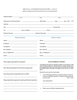 Child Medical Information Record Form
