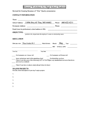 High School Resume Worksheet