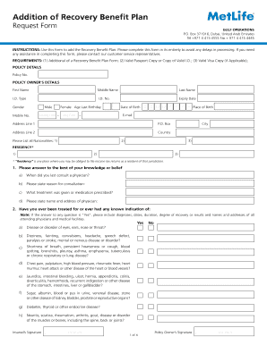 Addition of Recovery Benefit Plan Request Form
