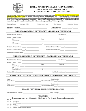 Georgia Student Health Record Form