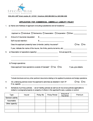 Application for Commercial Umbrella Liability Policy