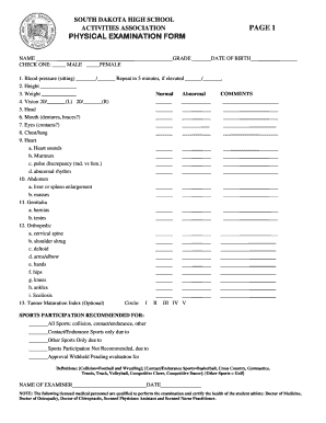 South Dakota High School Physical Examination Form