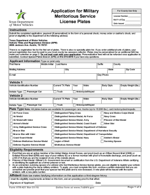Texas Military Meritorious Service License Plate Application