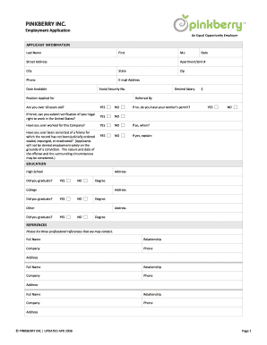 Pinkberry Inc Employment Application
