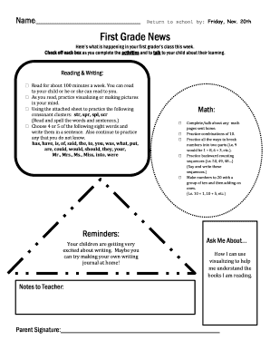 First Grade Weekly Homework Checklist