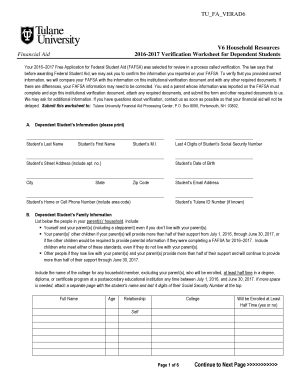 2016-2017 Verification Worksheet for Dependent Students