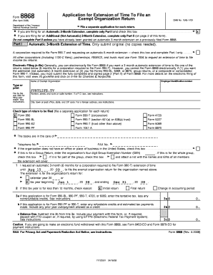 Form 8868 Application for Extension of Time to File Exempt Organization Return