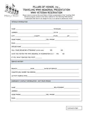 WWII Veteran Traveling Memorial Reservation Form