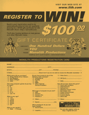Monolith Productions Registration Card