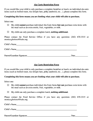 Ala Carte Restriction Form