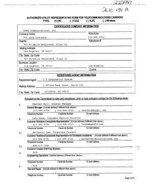 Authorized Utility Representative Form for Telecommunications Carriers