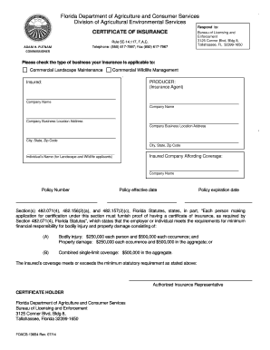 Florida Certificate of Insurance