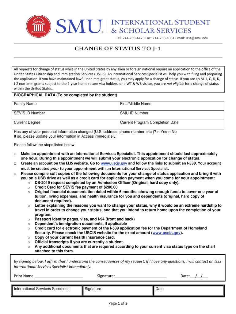 Fillable Online smu CHANGE OF STATUS TO J1 Southern Methodist