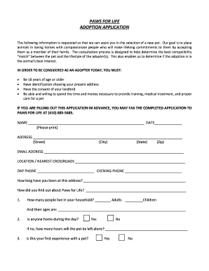 Paws for Life Adoption Application