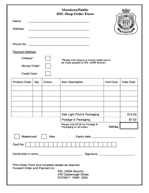 RSL Shop Order Form