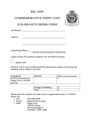 RSL NSW Commemorative Poppy Coin Order Form