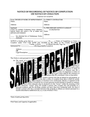Notice of Recording of Notice of Completion or Cessation