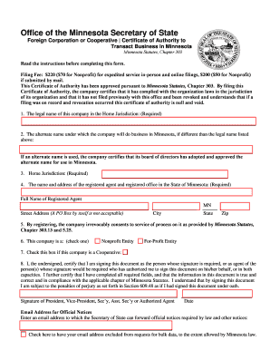 Minnesota Foreign Corporation Certificate of Authority
