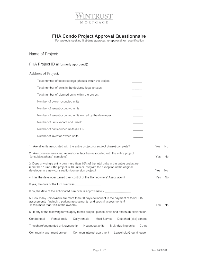 Fillable Online FHA Condo Project Approval Questionnaire Fax Email