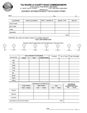 Equipment Information Sheet for Extended Permit