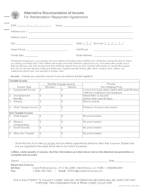 Alternative Documentation of Income for Rehabilitation Repayment Agreements
