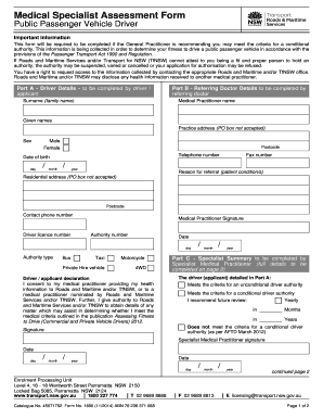 Medical Specialist Assessment Form for Public Passenger Vehicle Drivers