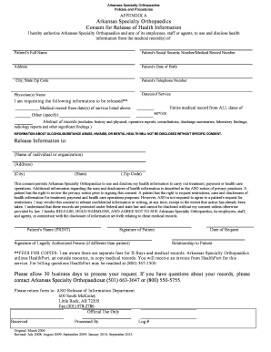 Arkansas Specialty Orthopaedics Health Information Release Consent