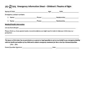 Children's Theatre Emergency Information Sheet