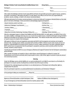 Michigan Christian Youth Camp Medical & Liability Release Form