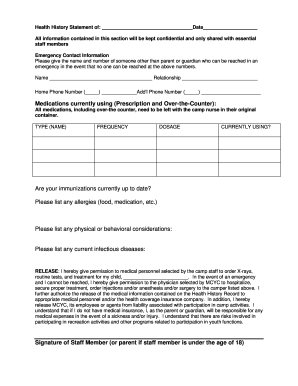 Health History Statement for Camp