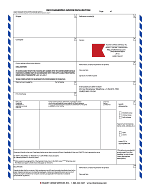 Fillable Online IMO DANGEROUS GOODS DECLARATION - Reliant Cargo LLC Fax ...
