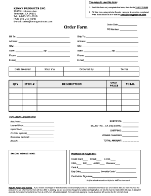 Kenny Products Order Form