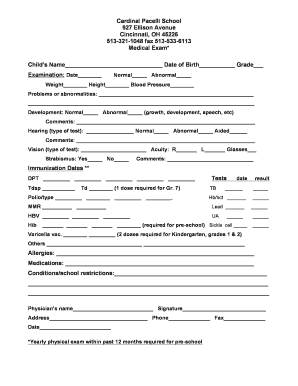 School Medical Exam Form