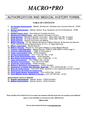 HIPAA Compliant Authorization and Medical History Forms