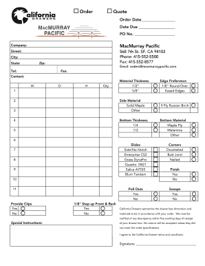 California Drawer Order Quote