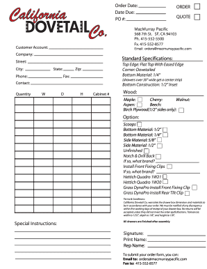 Purchase Order for Cabinet Drawers