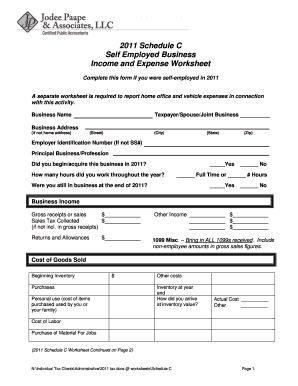 2011 Schedule C Self-Employed Business Income and Expense Worksheet