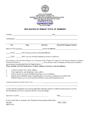 Tennessee Primary State of Residence Declaration