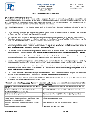 South Carolina Residency Certification Form