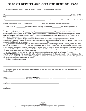 Deposit Receipt and Offer to Rent or Lease