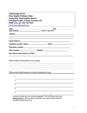 Adult Intake Form for Naturopathic Clinic