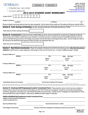 2014-2015 Student Asset Worksheet