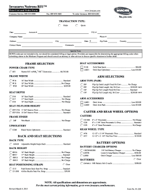 Invacare Nutron R51 Price List and Order Form