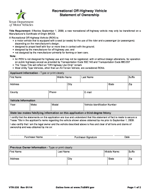 Texas Recreational Off-Highway Vehicle Statement of Ownership